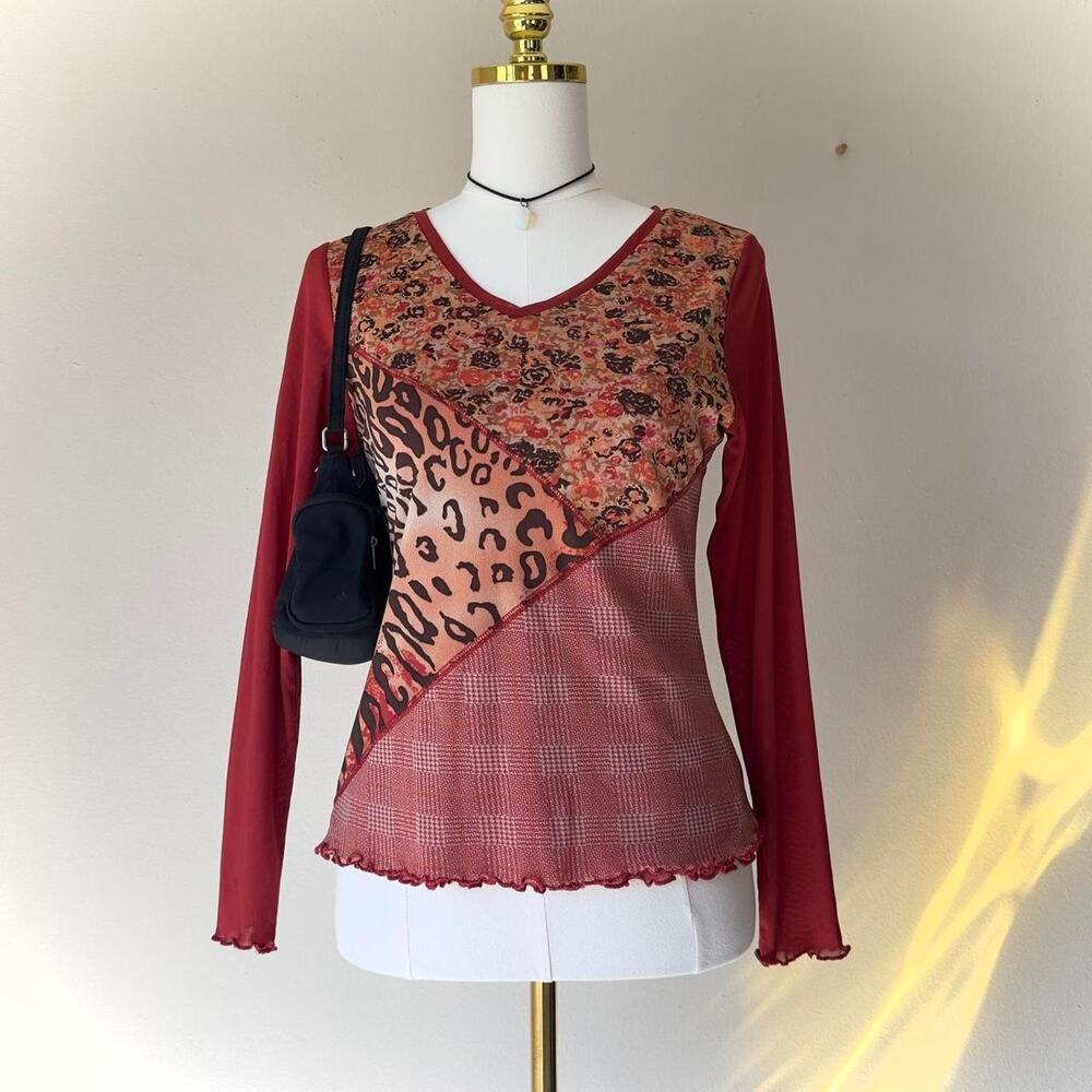 Fairy Patchwork Mesh Boho Red Long Sleeve Top - Size Small